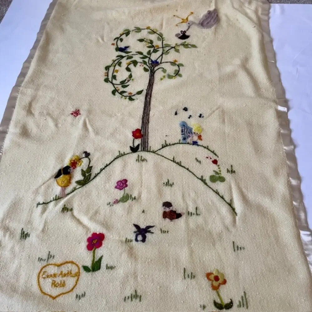 Vintage Embroidered Baby Blanket 33x51 Storybook Nursery Decor Heirloom